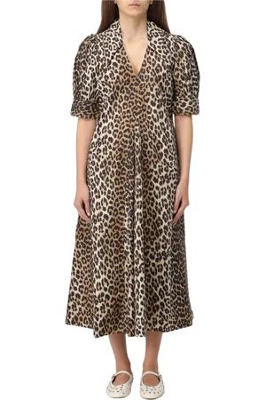 Ganni Kjole, Dame, Flerfarvet, S, Bomuld, Multifarvet Leopard Print Midi Kjole