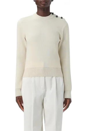 Bottega Veneta Strik, Dame, Hvid, L, Cashmere, Hvid Cashmere Ribbet Trim Sweater