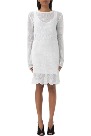 Pinko Kjole, Dame, Hvid, XS, Bomuld, Elegant Scalloped Hem Mini Kjole