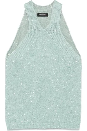Fabiana Filippi Top, Dame, Blå, M, Uld, Stilfuld Halterneck Top med Punto Detalje