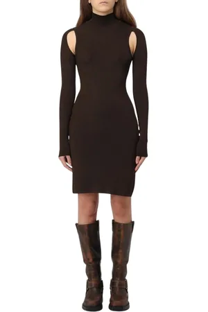 Helmut Lang Kjole, Dame, Brun, M, Brun Mini Strik Kjole med Udsmykning