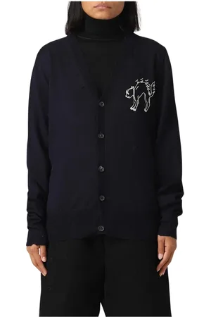 Maison Margiela Strik, Dame, Blå, XS, Uld, Kat Broderi Uld Cardigan