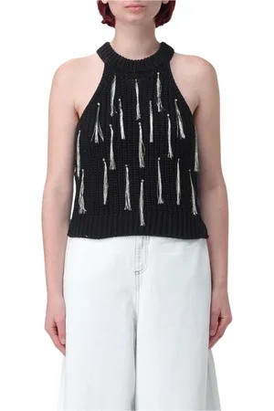 ALYSI Strik, Dame, Sort, M, Bomuld, Sort Strik Halter Top med Frynser