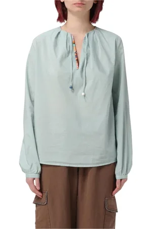 Bazar Deluxe Bluser & Skjorter, Dame, Blå, XS, Bomuld, Blå V-hals bluse med perledetalje