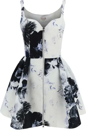 Alexander McQueen Kjole, Dame, Flerfarvet, S, Blomstret Minikjole med Rynket Kjolekant