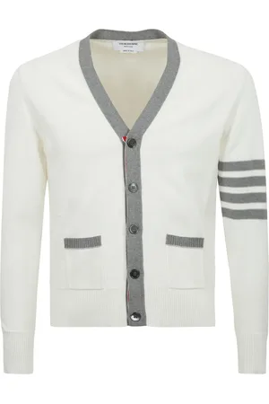 Thom Browne Strik, Herre, Hvid, L, Bomuld, Broderet Logo Cardigan med Kontrast Trim