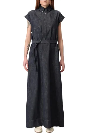 Brunello Cucinelli Kjole, Dame, Blå, M, Denim, Blå Denim Skjortekjole Bæltet Maxi