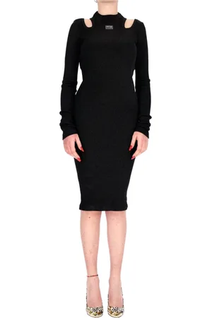 VERSACE Kjole, Dame, Sort, S, Elegant Midi Kjole med Lange Ærmer