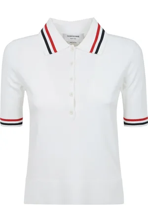 Thom Browne Top, Dame, Hvid, S, Polyester, Stribet Jersey Polo Shirt