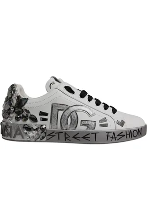 Dolce & Gabbana Sko, Herre, Hvid, 42 EU, Hvid Sølv Krystal Portofino Sneakers