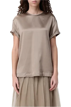 Brunello Cucinelli Top, Dame, Grå, M, Elegant Silkebluse med korte ærmer