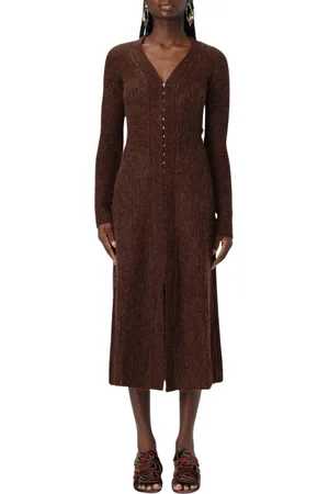 Cult Gaia Kjole, Dame, Brun, L, Uld, Elegant V-Neck Strik Midi Kjole