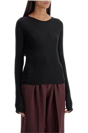 Lanvin Strik, Dame, Sort, M, Uld, Sort Ribbet Uldstrik Trøje