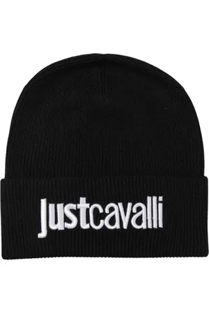 Roberto Cavalli Tilbehør, Dame, Sort, ONE SIZE, Bomuld, Sort Ribstrikket hue med logo