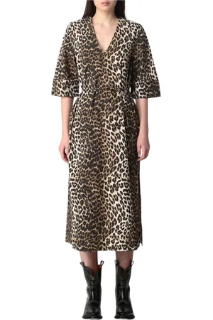 Ganni Kjole, Dame, Flerfarvet, XS, Bomuld, Leopard Print Wrap Kjole