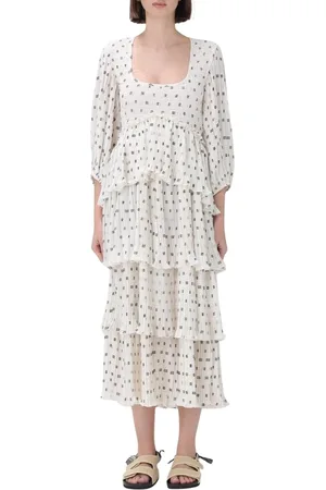 Ganni Kjole, Dame, Hvid, S, Polyester, Elegant Plisseret Midi Kjole