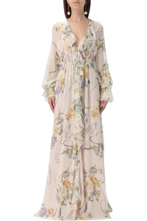 BLUMARINE Kjole, Dame, Hvid, XS, Blomstret Maxi Kjole med Ruffles