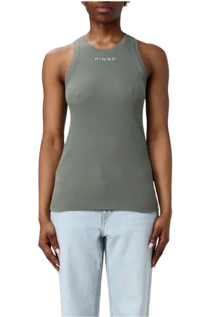Pinko Top, Dame, Grøn, S, Uld, Hvid Ribbet Ærmeløs Top
