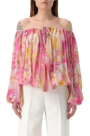 BLUMARINE Bluser & Skjorter, Dame, Flerfarvet, XS, Uld, Lyserød Blomstret Off-the-Shoulder Bluse