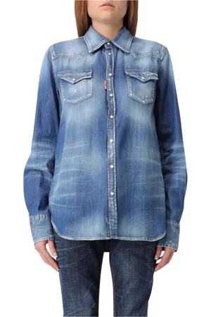 Dsquared2 Bluser & Skjorter, Dame, Blå, S, Uld, Stilfuld Distressed Denim Skjorte