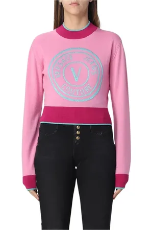 VERSACE Strik, Dame, Lyserød, S, Broderet Sweater med Ribbed Trims