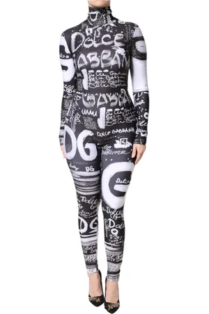 Dolce & Gabbana Jumpsuits & Playsuits, Dame, Sort, S, Sort Logo Turtleneck Bodycon Jumpsuit Kjole
