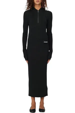Jil Sander Kjole, Dame, Sort, XS, Uld, Sort Ribstrikket Midi Hættedragt