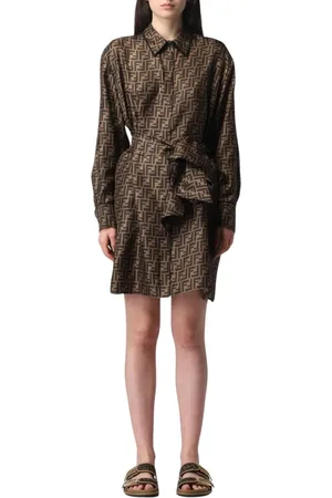 Fendi Kjole, Dame, Brun, M, Logo Skjortekjole Mini