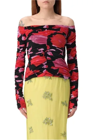 BLUMARINE Top, Dame, Flerfarvet, XS, Uld, Elegant Blomster Mesh Off-Shoulder Top