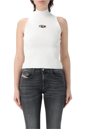 Diesel Top, Dame, Hvid, L, Bomuld, Ribbet Strik Ærmeløs Mock Hals Top