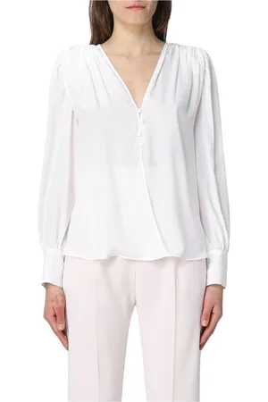 Pinko Bluser & Skjorter, Dame, Hvid, XS, Uld, Rød Silke V-Hals Bluse