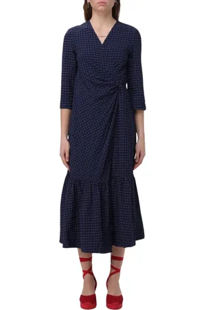 Ganni Kjole, Dame, Blå, XS, Bomuld, Blå Gingham Wrap Kjole Med Lagdelt Nederdel