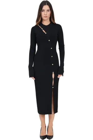 VERSACE Kjole, Dame, Sort, M, Uld, Sort Midi Kjole med Guld Knapper