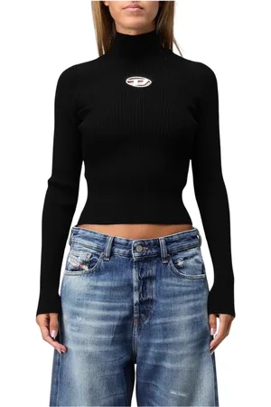 Diesel Strik, Dame, Sort, M, Ribbet Sweater med Halsudskæring og Logo