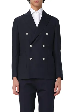 LARDINI Jakke, Herre, Blå, 2XL, Uld, Blå Dobbelt Brystet Blazer Sølv Knapper