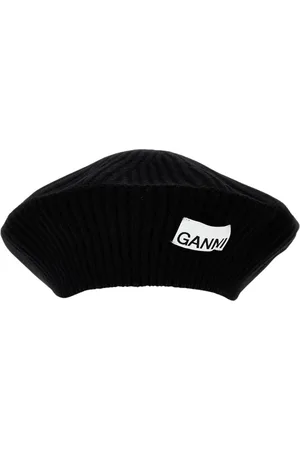 Ganni Tilbehør, Dame, Sort, ONE SIZE, Uld, Ribstrikket hue med logo
