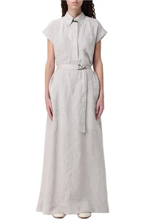 Brunello Cucinelli Kjole, Dame, , L, Elegant Linen Maxi Shirt Kjole
