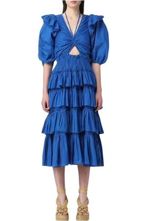 SEA Kjole, Dame, Blå, M, Bomuld, Ruffle Midi Kjole Cutout Detalje