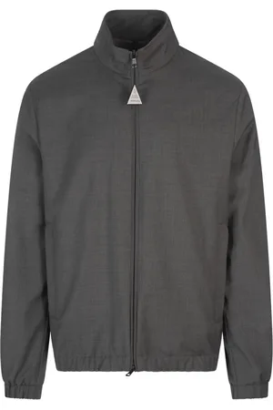 Moncler Jakke, Herre, Grå, 2XL, Uld, Grå uldfrakke med læderlogo