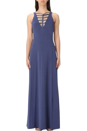Emporio Armani Kjole, Dame, Blå, XS, Polyester, Blå Maxi Kjole med LaceUp Halsudskæring