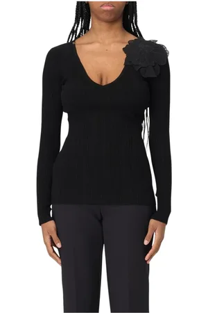 Elisabetta Franchi Strik, Dame, Sort, L, Uld, Sort Blomst Applique V-Hals Sweater