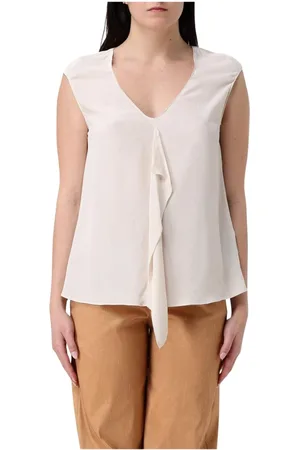 HANITA Top, Dame, Hvid, M, Elegant Beige Silkebluse Ruffle Detalje