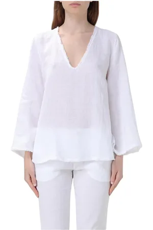120% Lino Bluser & Skjorter, Dame, Hvid, M, Hvid Hør V-Hals Bluse
