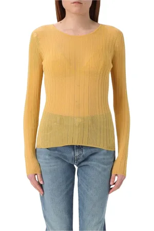 Pinko Strik, Dame, Gul, L, Ribstrikket Pullover Sweater