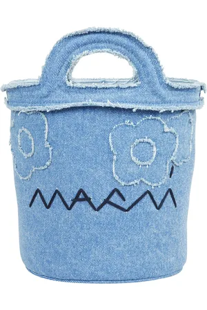 Marni Taske, Dame, Blå, ONE SIZE, Denim, Denim bucket taske med broderet logo og blomsterdetaljer