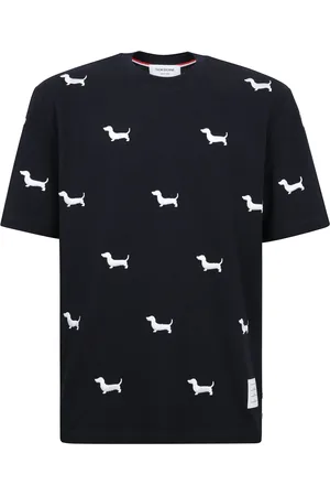 Thom Browne Top, Herre, Blå, L, Bomuld, Trykt bomuldst-shirt med korte ærmer