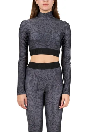 Roberto Cavalli Top, Dame, Grå, XS, Trykt Lycra Crop Top med lange ærmer