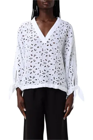 120% Lino Bluser & Skjorter, Dame, Hvid, M, Bluse med broderi og bindebånd