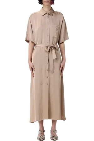 Kaos Kjole, Dame, Brun, S, Elegant Midi Kjole med Flæsekanter
