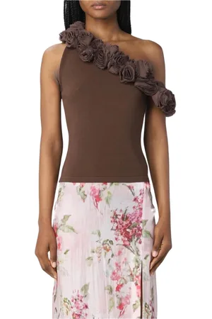 BLUMARINE Top, Dame, Brun, S, Uld, Blomsterapplikation En Skulder Strik Top